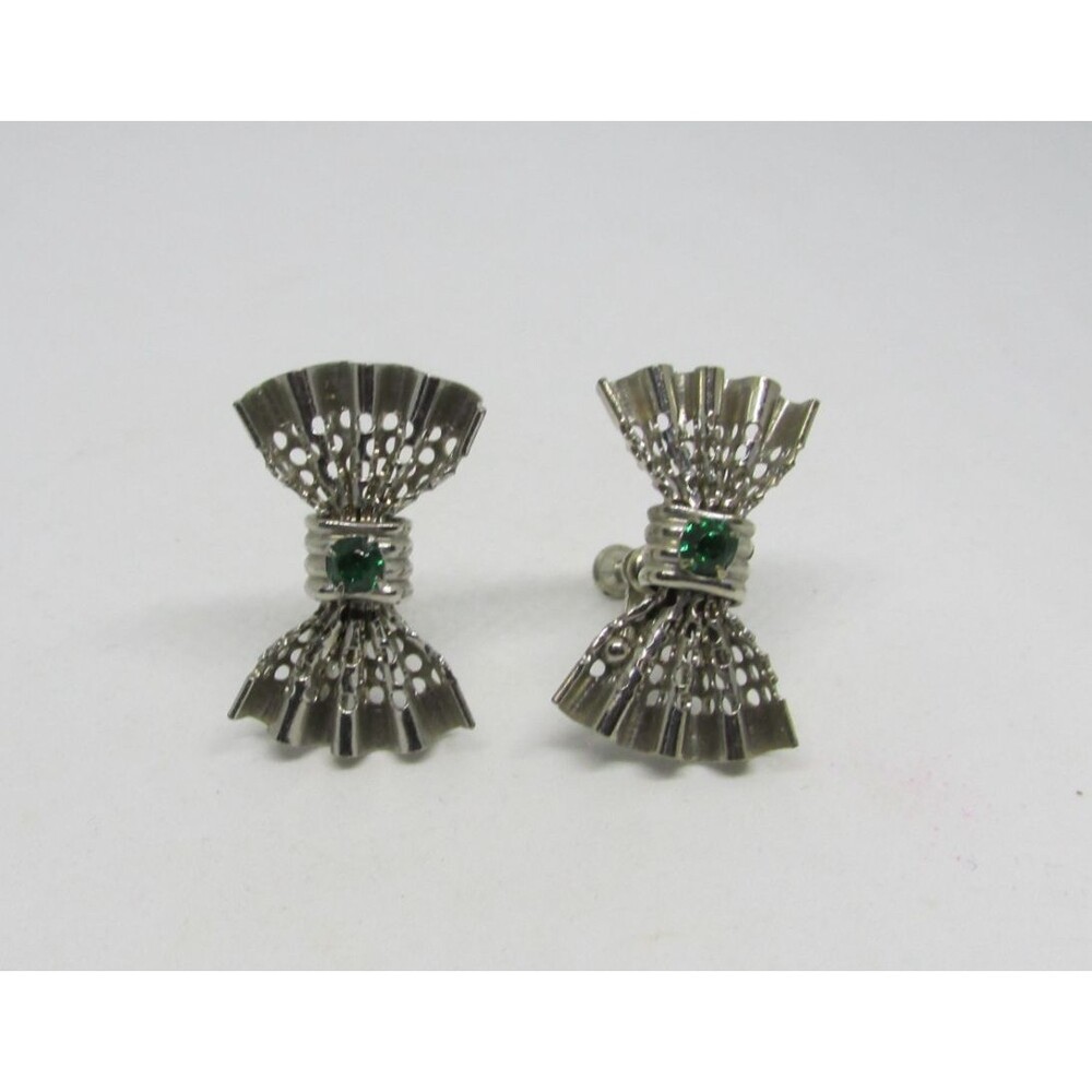 Vintage 1950s Silver Fan Bow Screw-Back Earrings Green Rhinestone Mid-Century